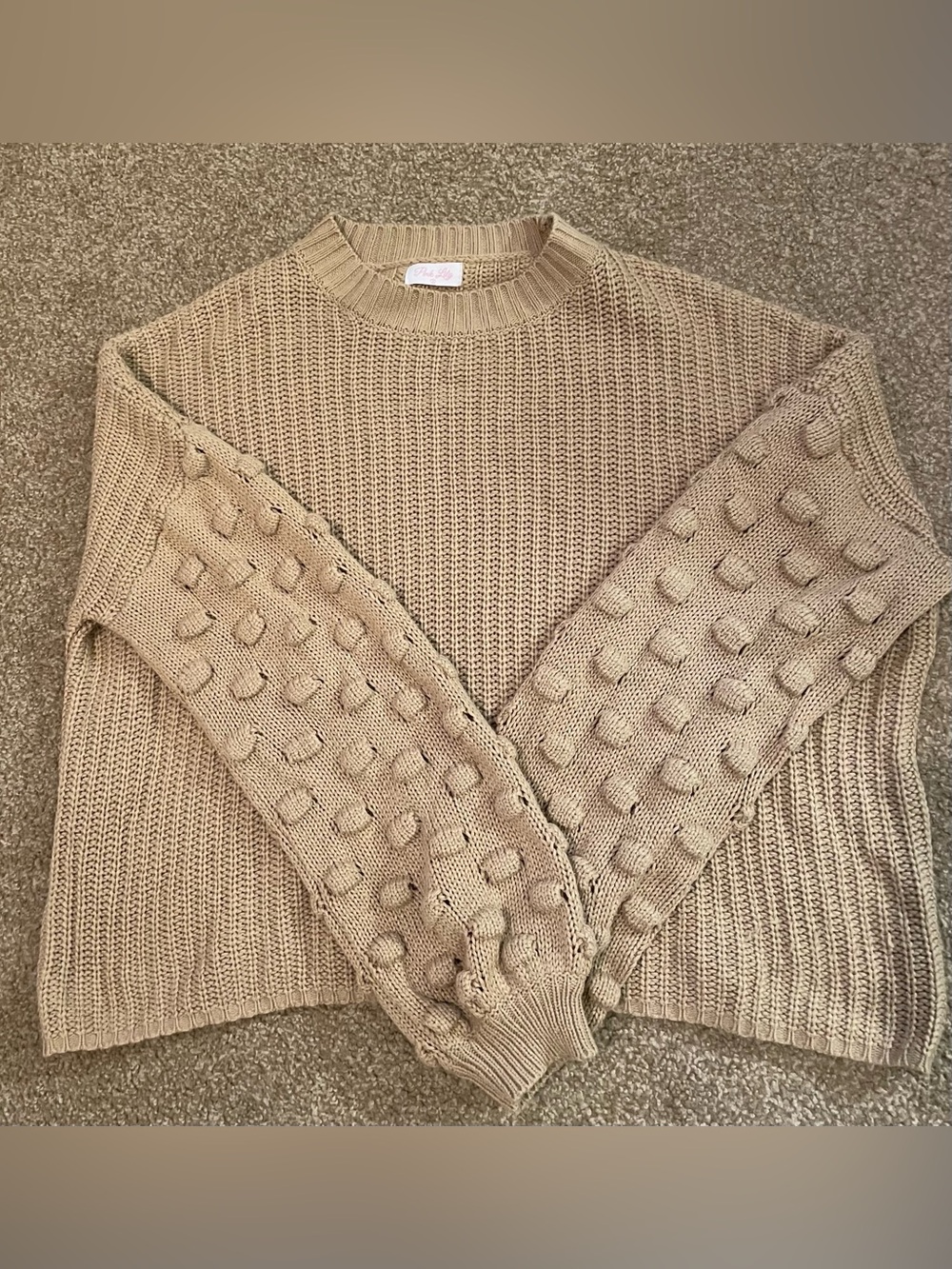 Pink Lily Popcorn Sleeve Crewneck Sweater in Tan